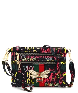 Multi Graffiti Queen Bee Stripe Clutch Crossbody Bag Wristlet GP2581B BLACK